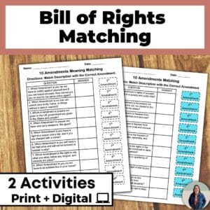 Bill of Rights Activity 10 Amendments Matching for Government and US ...