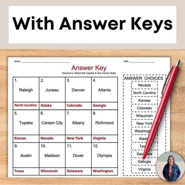 50 States and Capitals Matching Activities answer keys