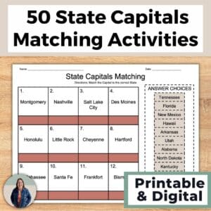 50 States and Capitals Matching Activities
