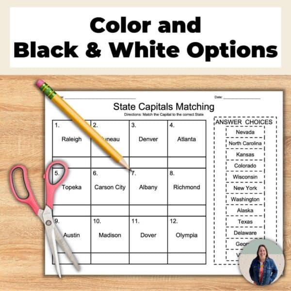 50 States and Capitals Matching Activities color or black and white